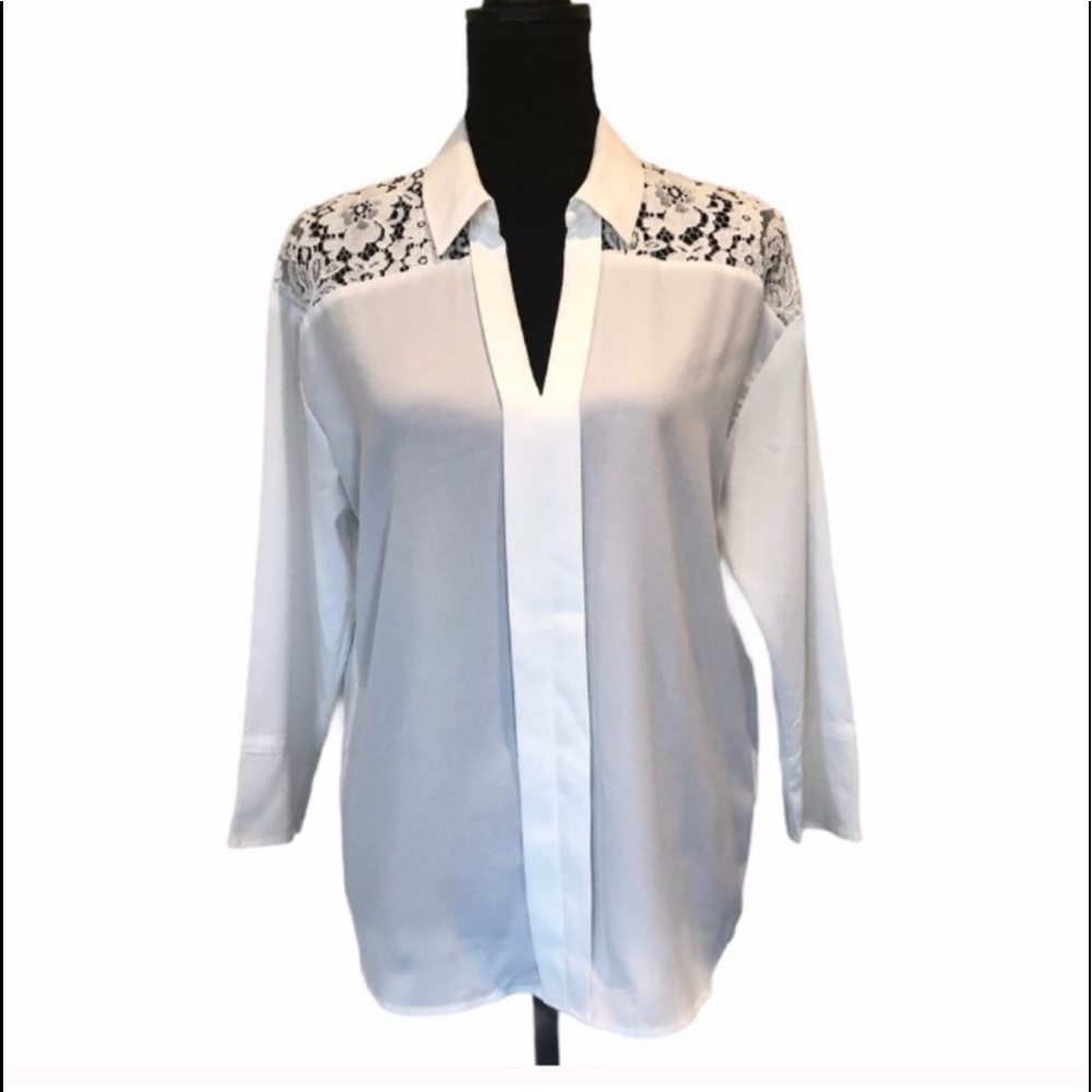 NWT Karl Lagerfeld white lace accent v neck pullover blouse 3/4 sleeve top small